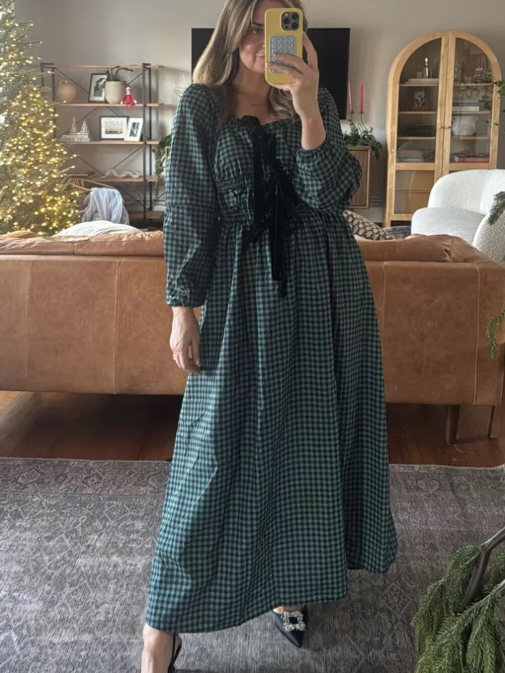 Green Plaid Maxi Dress with Velvet Bows